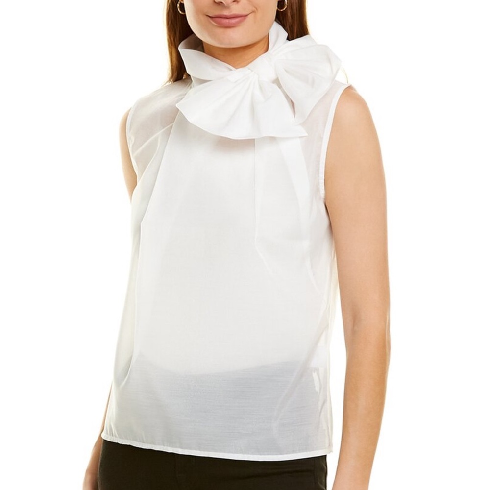 Gracia Elegant White Organza Sleeveless Top with Bow Size Large